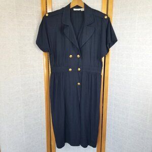 VTG Liz Claiborne Nautical Silk Shirt Dress Shoulder Pads Size 10 Navy Blue READ